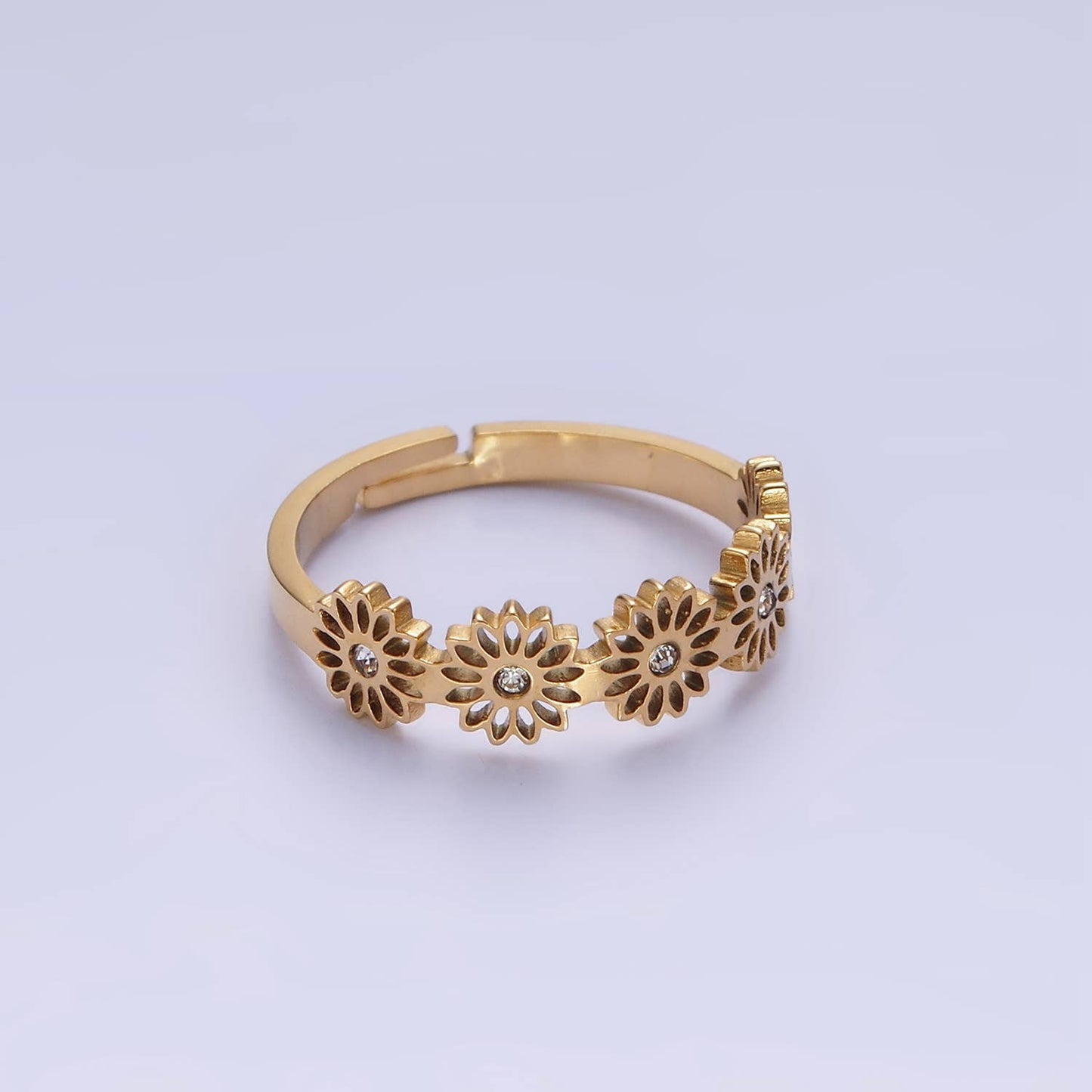 Stainless Steel CZ Open Flower Outlined Adjustable Rings