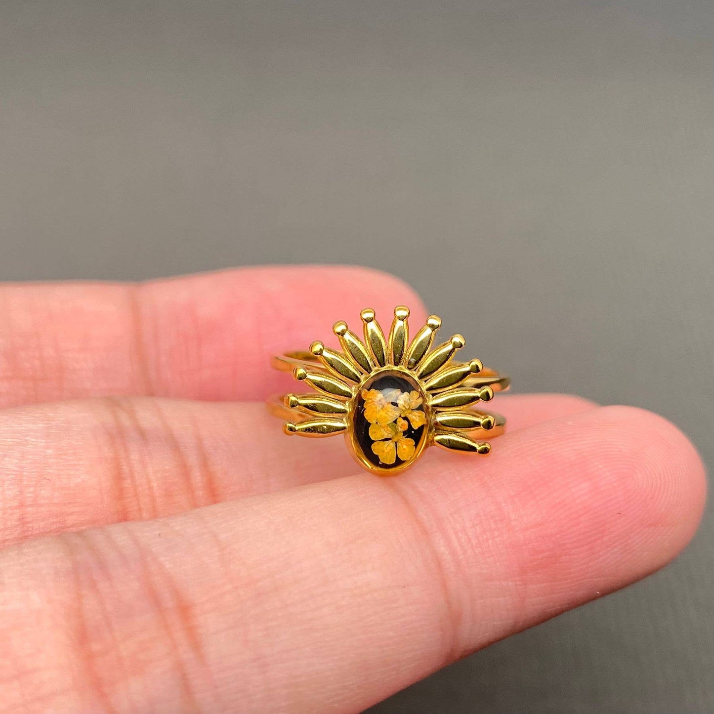 Dried flowers 18K Golden SS Adjustable Floral Rings- PDF/FGS
