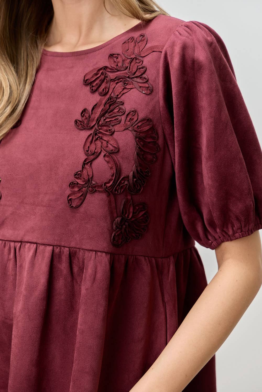 3D EMBROIDERED SUEDE DRESS
