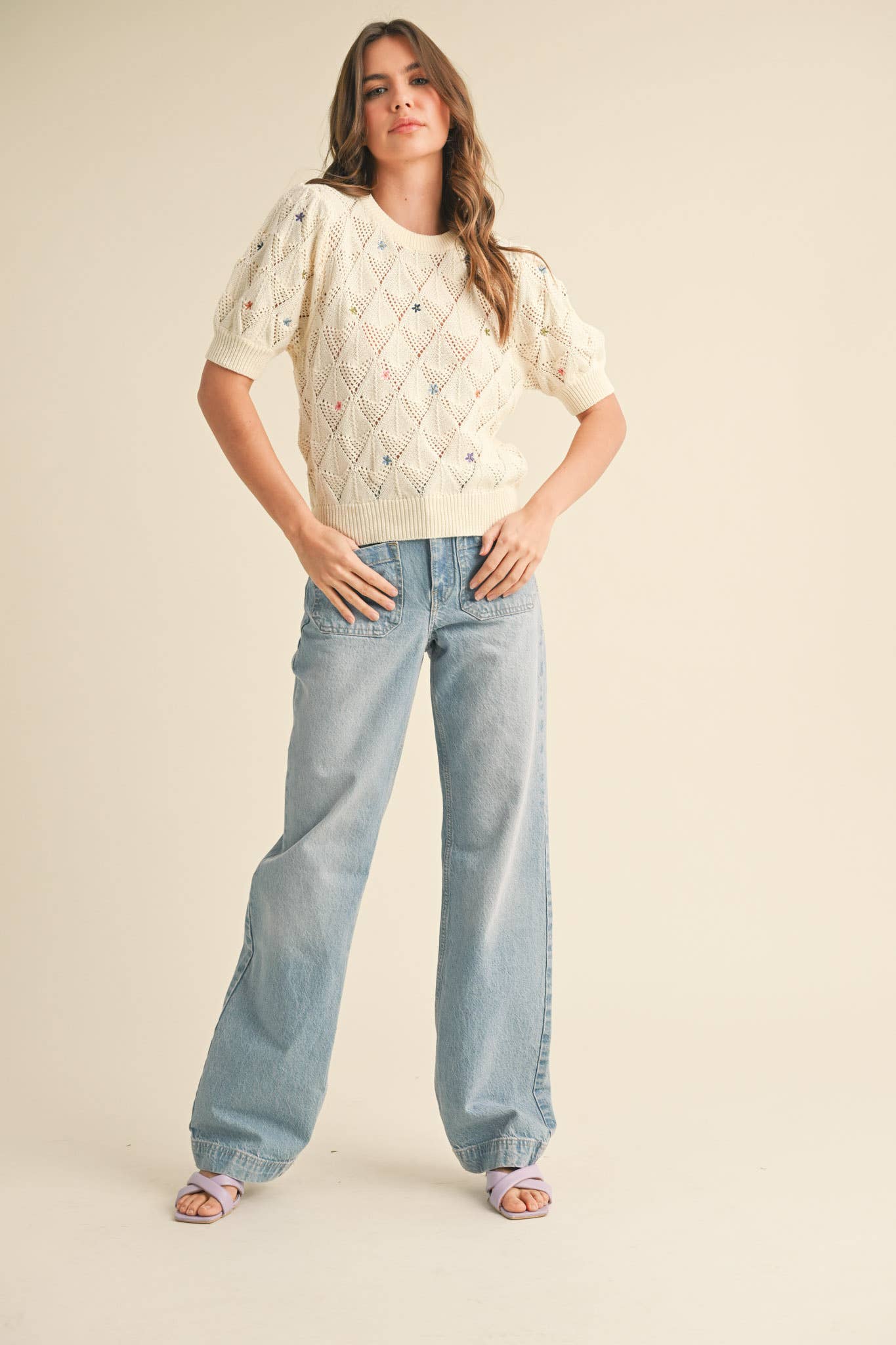 POINTELLE KNIT SWEATER WITH FLORAL EMBROIDERY MSW10819