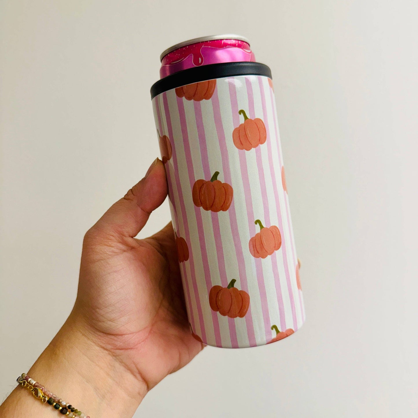 Slim Can Cooler, Pink Striped Pumpkin Pattern
