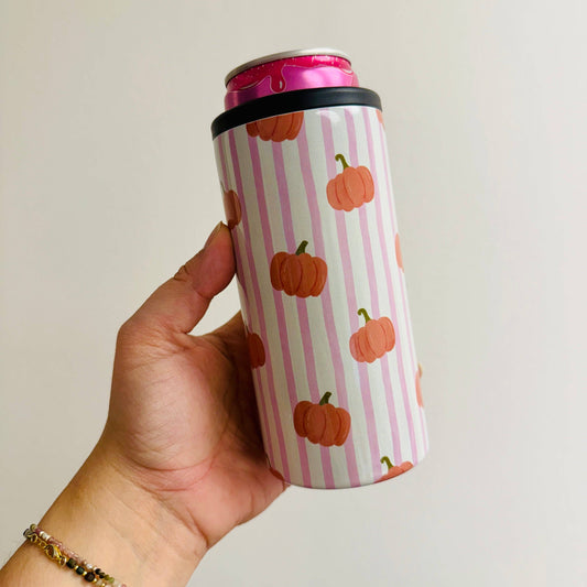Slim Can Cooler, Pink Striped Pumpkin Pattern
