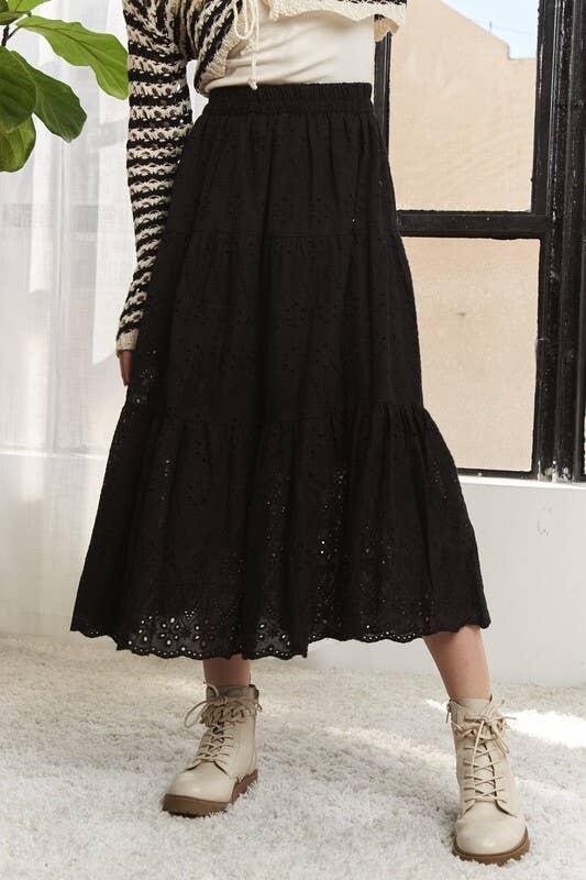 LES3878-ELASTIC WAISTBAND TIERED MIDI SKIRT