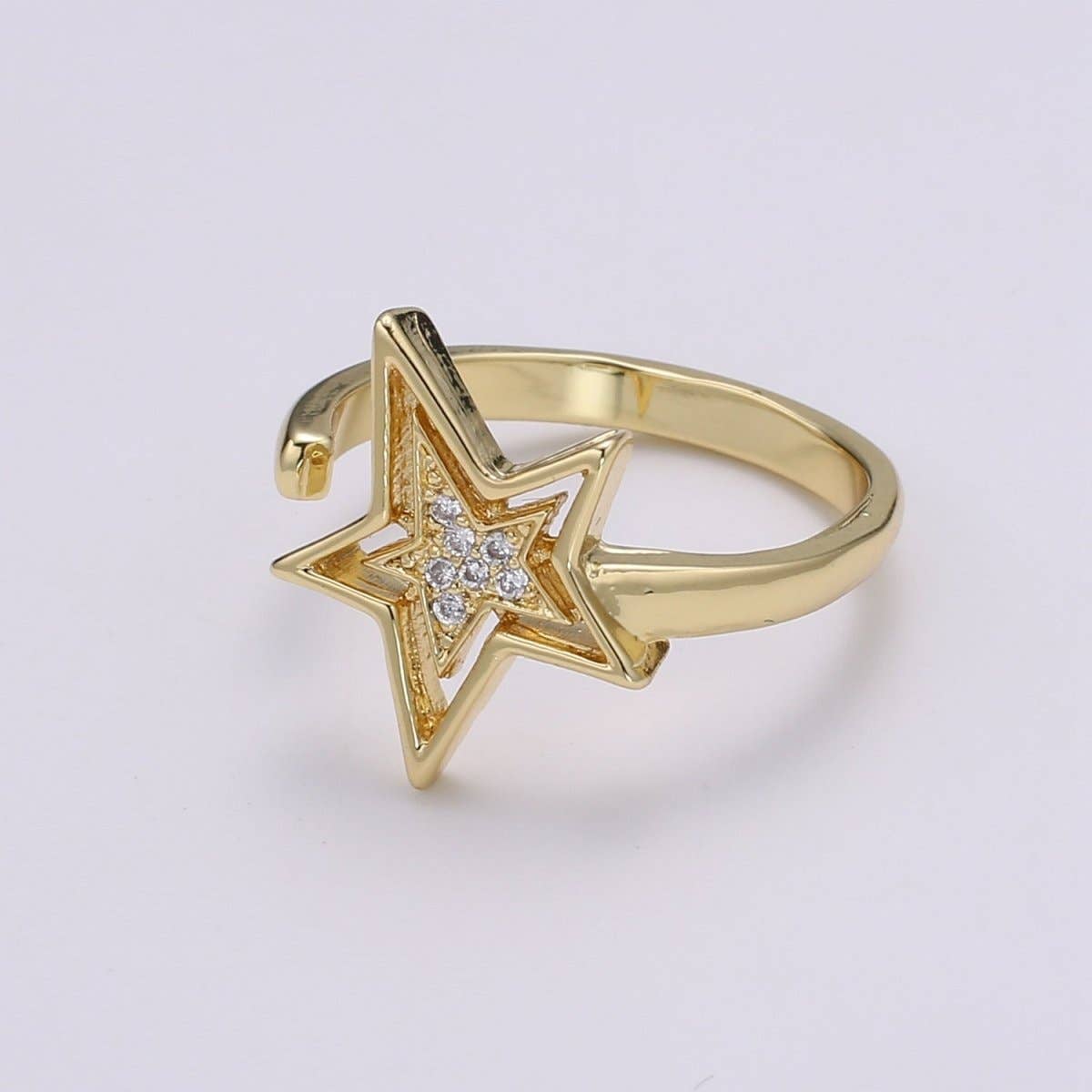 Dainty Star Ring 24K Gold Ring, CZ Celestial Ring Open Adjustable Gold Ring, Simple Gold Band R504