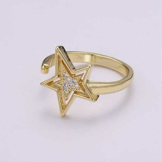 Dainty Star Ring 24K Gold Ring, CZ Celestial Ring Open Adjustable Gold Ring, Simple Gold Band R504