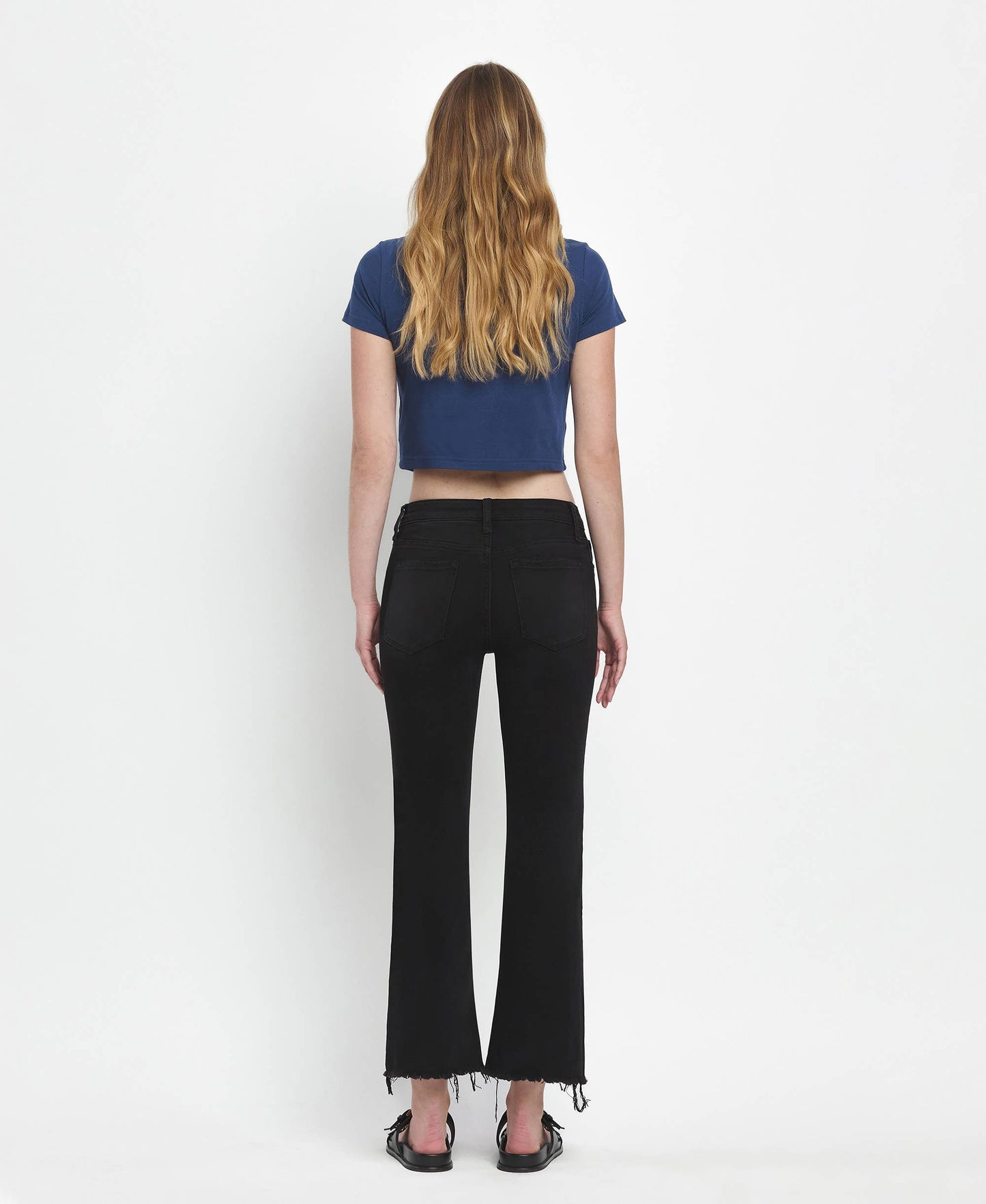 MID RISE RAW DISTRESSED HEM CROP FLARE JEANS LV1145