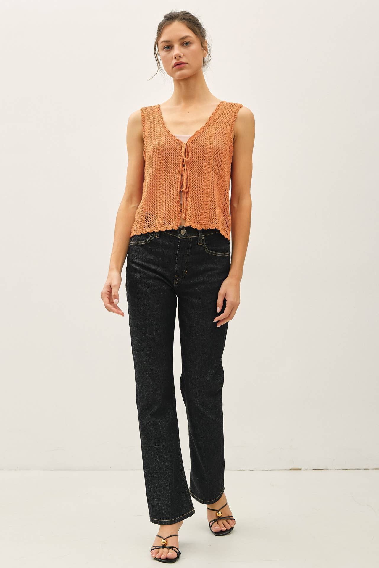 BREEZY, CROCHET KNIT VEST W/ TIE FASTENINGS