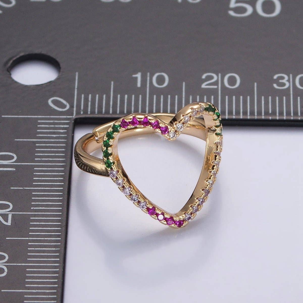 Micro Pave Clear Fuchsia Green Cubic Zirconia Heart Adjustable Gold Ring | O-479
