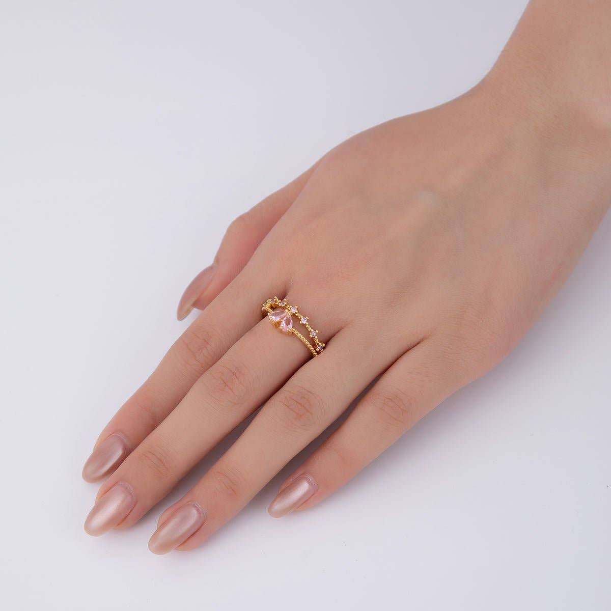 18K Gold Filled Pink CZ Heart Micro Paved Dotted Ring | O1753