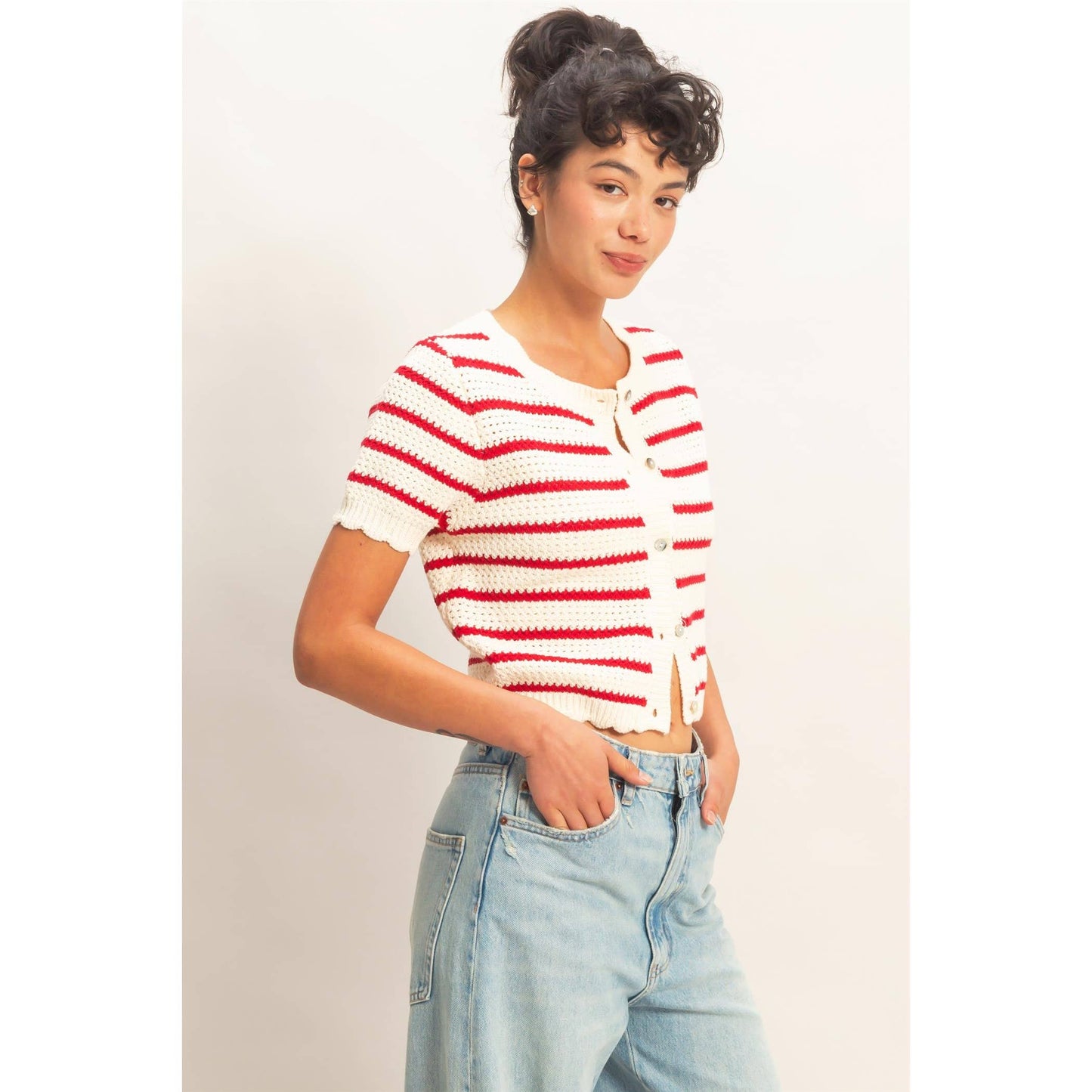 Striped Short Sleeve Cardigan With Scallop Edge