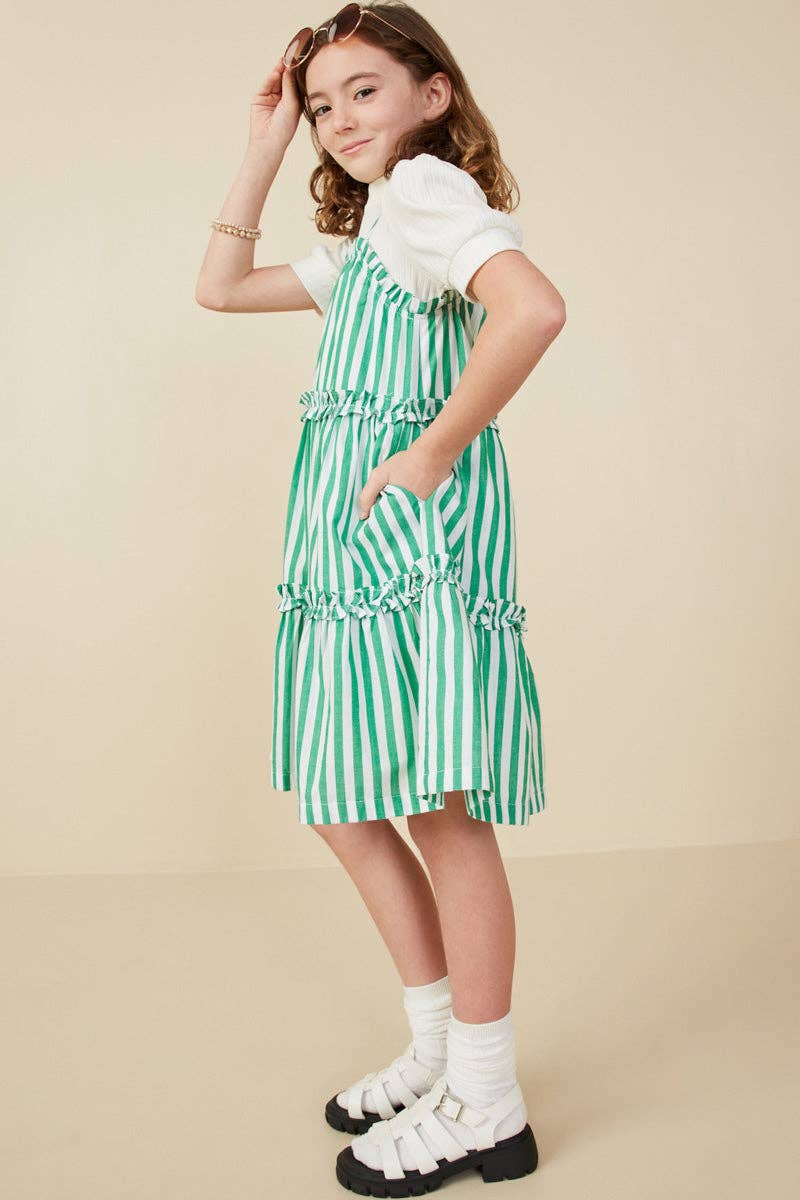 Girls Ruffle Trimmed Poplin Stripe Dress