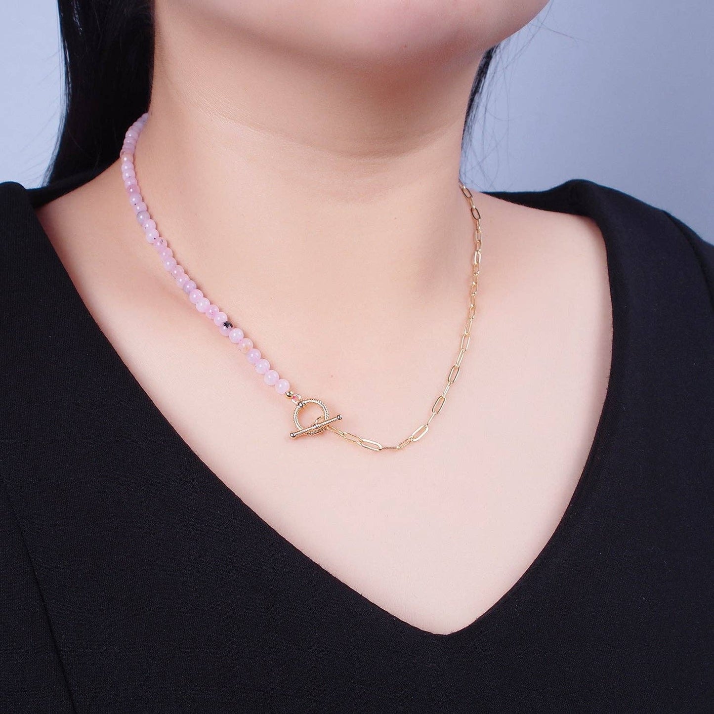 Clearance Pricing BLOWOUT Dainty Half Bead Half Link Chain Necklace, 24k Gold Filled Paperclip Chain with Pink Jade Necklace Toggle Clasp WA-970