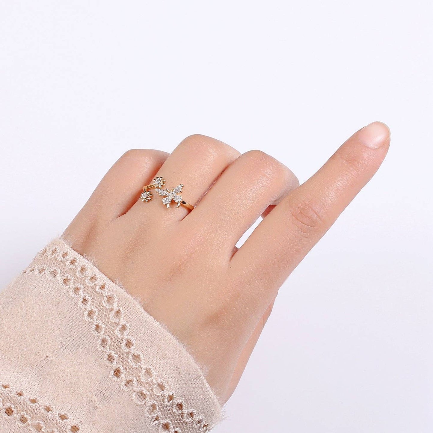 Dainty Elegant Butterfly and Flower 18K Gold Filled Adjustable Ring - R271