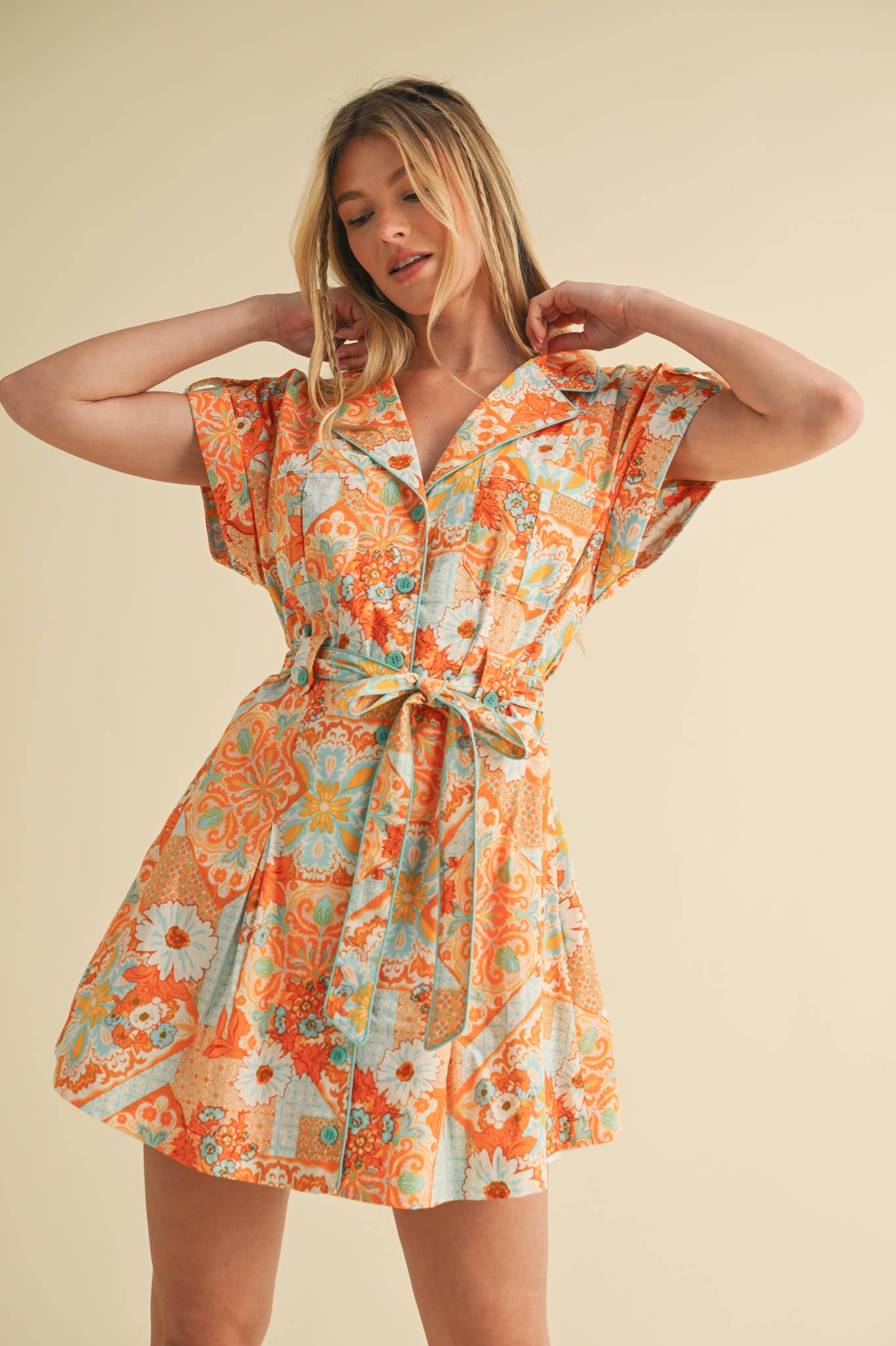 EXCLUSIVE PRINT BUTTON DOWN SHORT SLEEVE MINI DRESS MDR4044