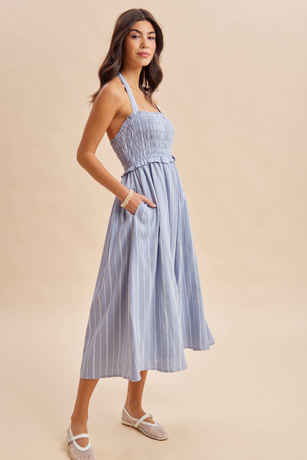 SMOCKED HALTER MIDI DRESS