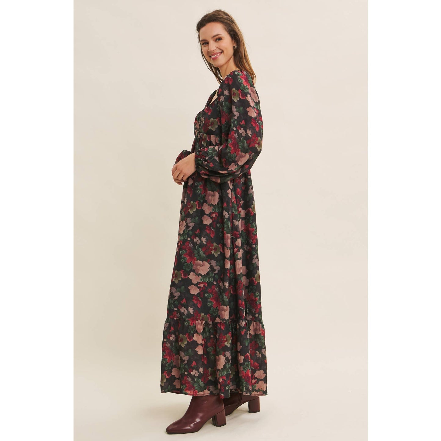 LOVE LETTER TO AUTUMN FLORAL CRINKLED MAXI SMOCKED DRESS