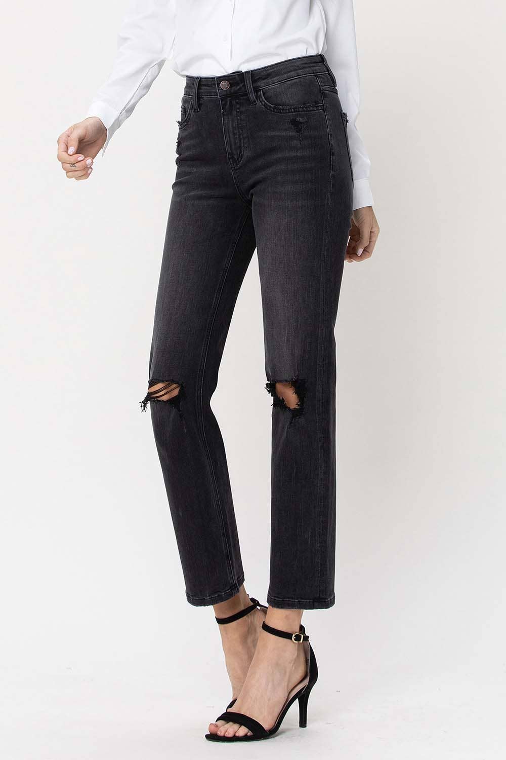 HIGH RISE DISTRESSED CROP STRAIGHT JEANS F4293