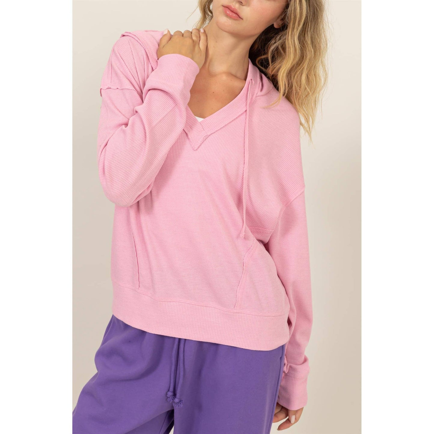 Relaxed Fit Notch Neck Ribbed Hoodie