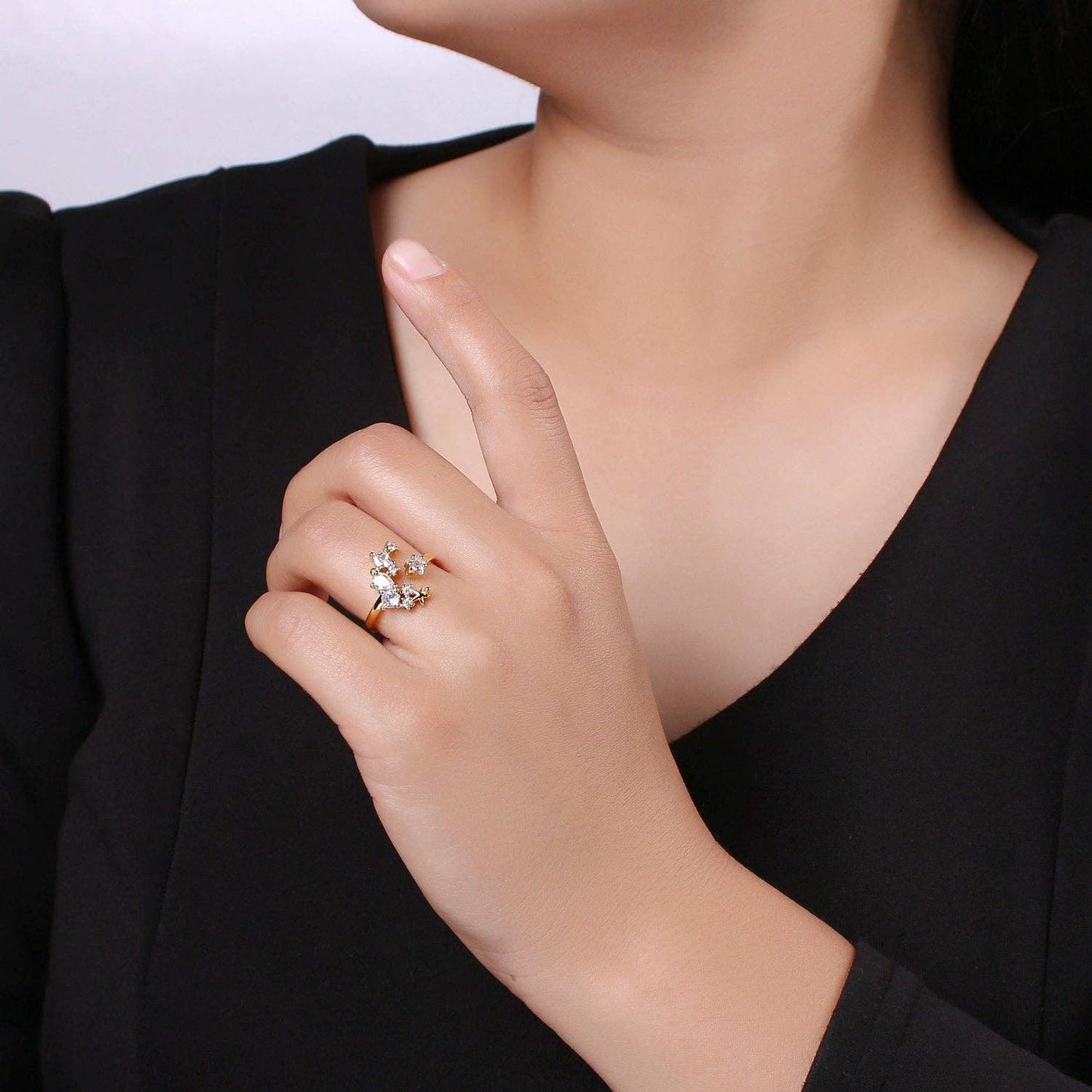 24k Gold Filled One Size Fits All Adjustable Moon Ring With Micro CZ Stones For Jewelry Making Supplies Celestial Jewelry R328