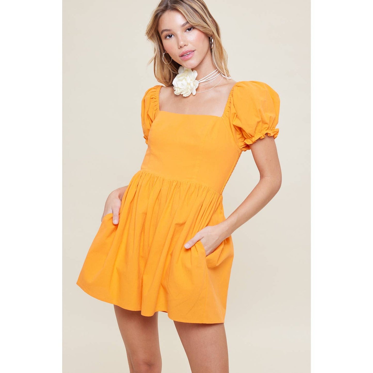 SQUARE NECK PUFF SLEEVE SMOCK BACK BABYDOLL ROMPER