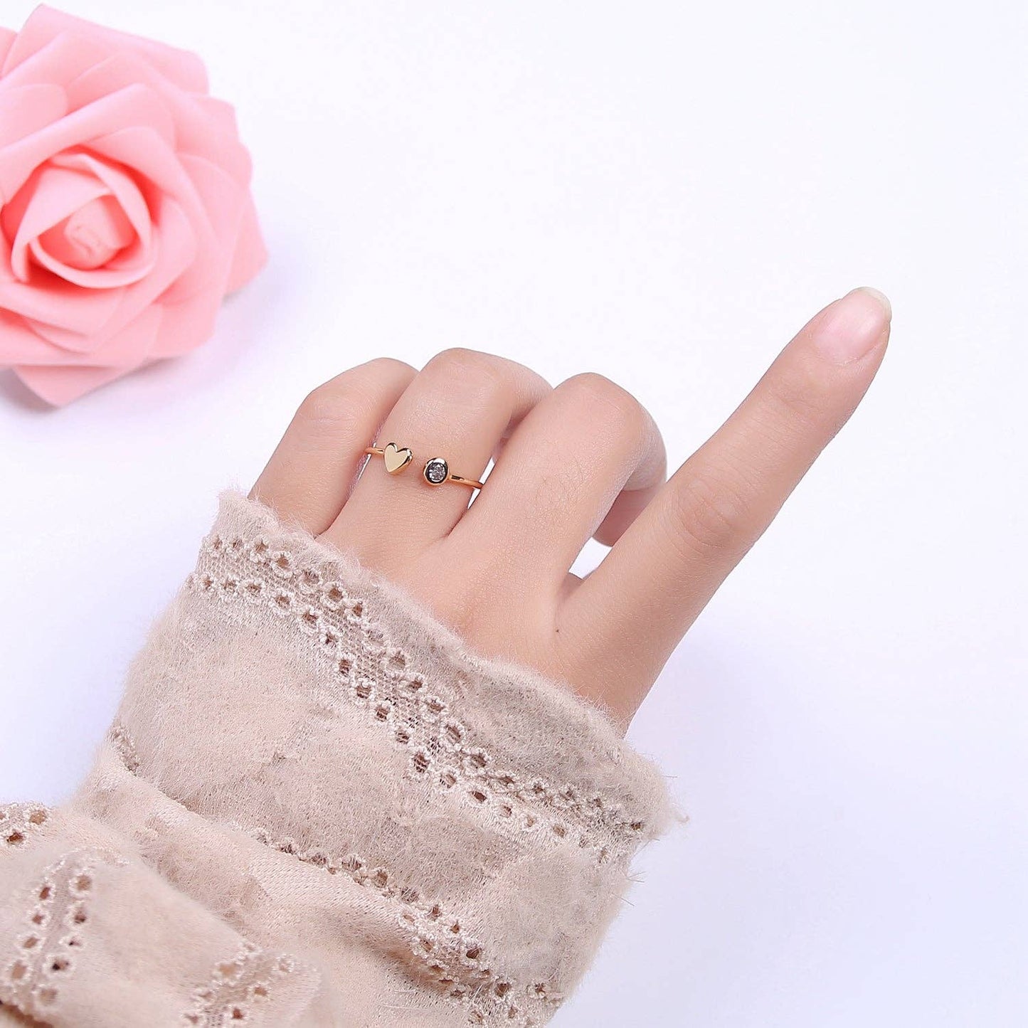 Minimalist Crystal Zirconia CZ, 16K Gold Filled Geometric Heart Open Adjustable Ring U346