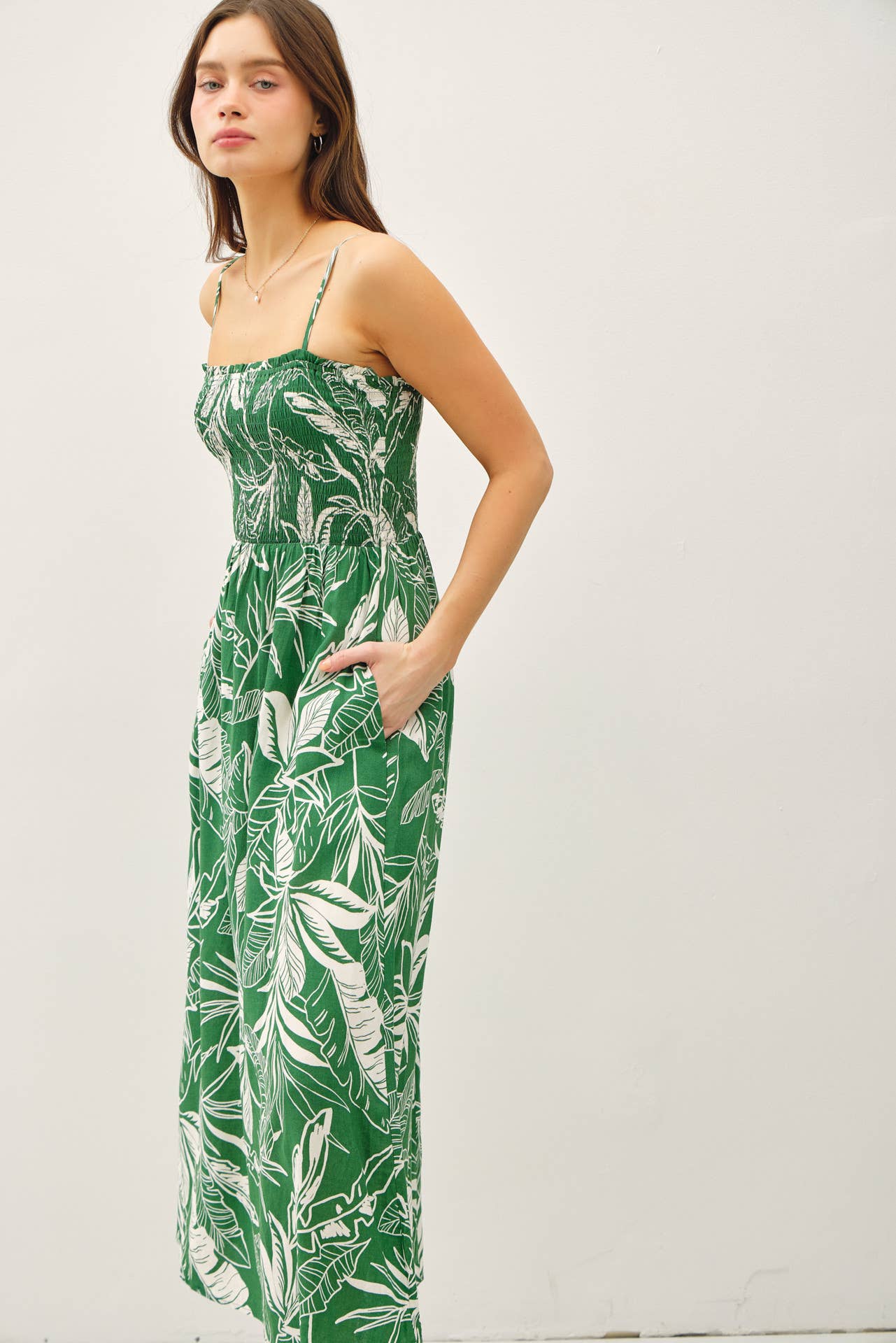 SMOCKED PRINTED MIDI DRESS