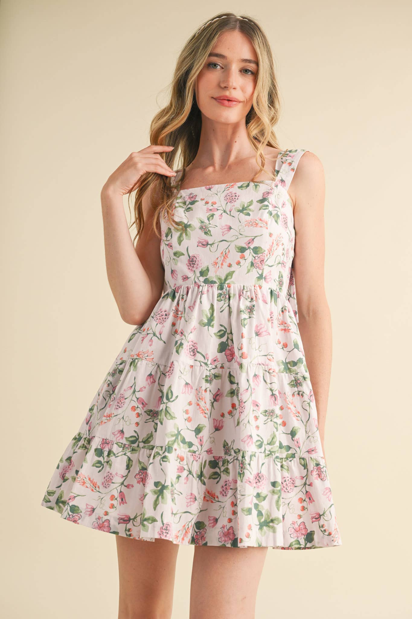 FLORAL TIERED MINI DRESS WITH TYING STRAPS MDR3808