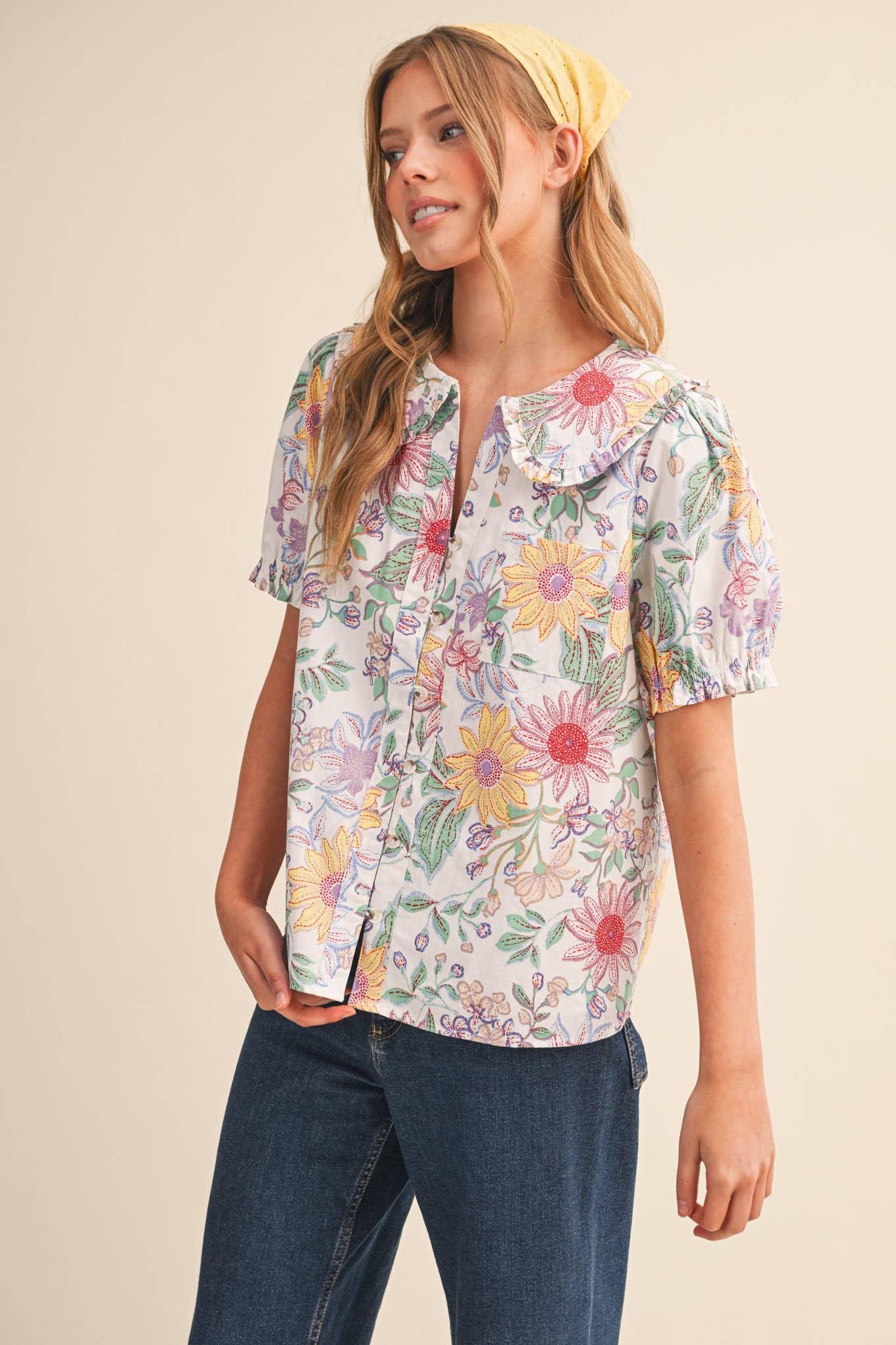 EXCLUSIVE FLORAL PRINT DOLL COLLAR BUTTON DOWN TOP MTP4672