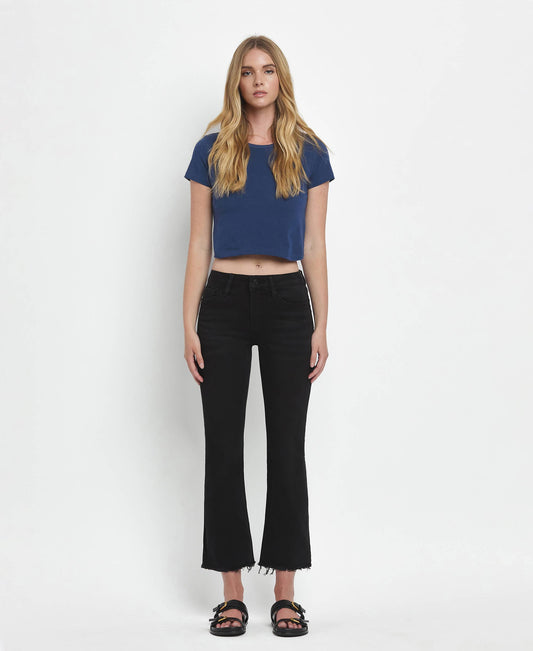 MID RISE RAW DISTRESSED HEM CROP FLARE JEANS LV1145
