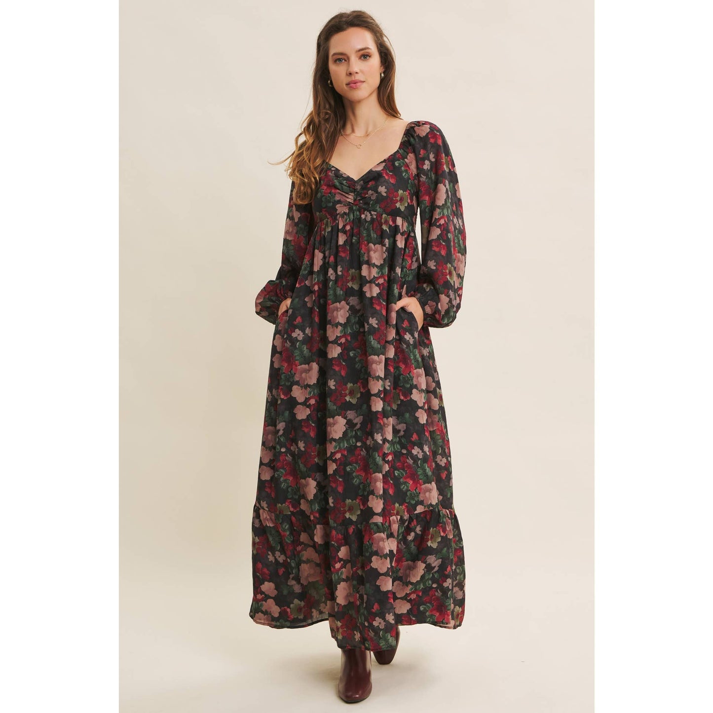 LOVE LETTER TO AUTUMN FLORAL CRINKLED MAXI SMOCKED DRESS