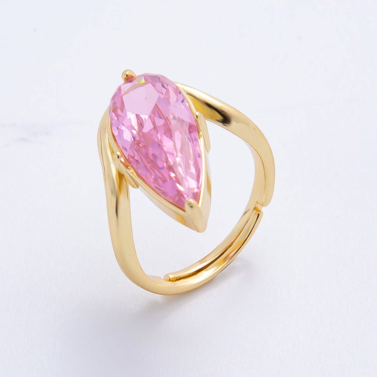 18K Gold Filled Pink, Clear Teardrop Pear Shaped Solitaire Curved Adjustable Ring | O-2208