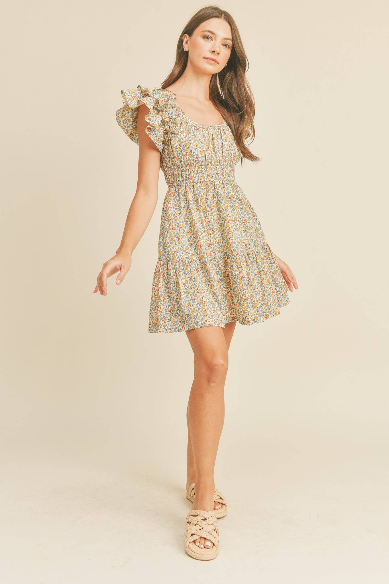 FLORAL PRINT FLUTTER SLEEVE MINI DRESS MDR1824