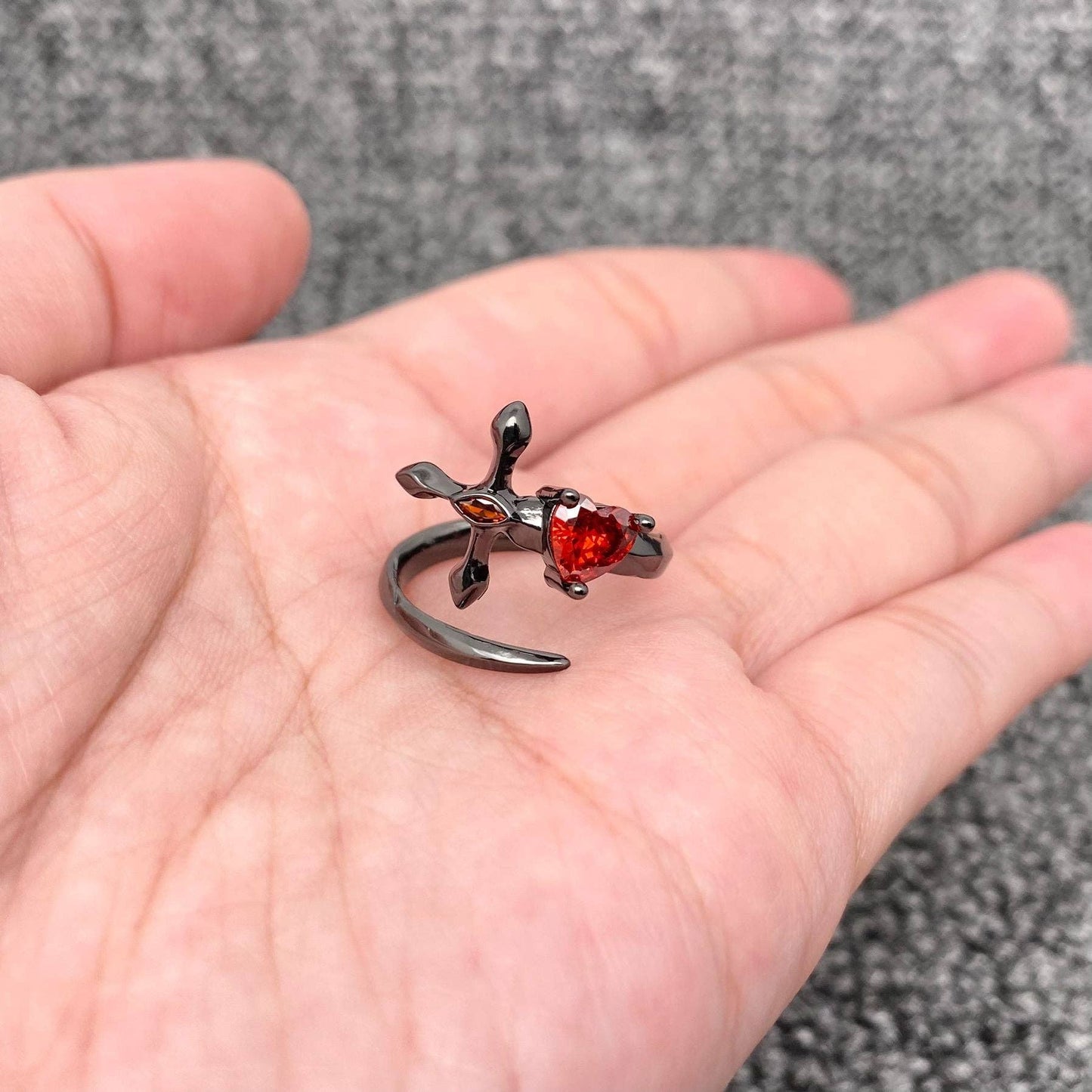 Gothic Inlay Heart CZ Cross Adjustable Black Ring - GT