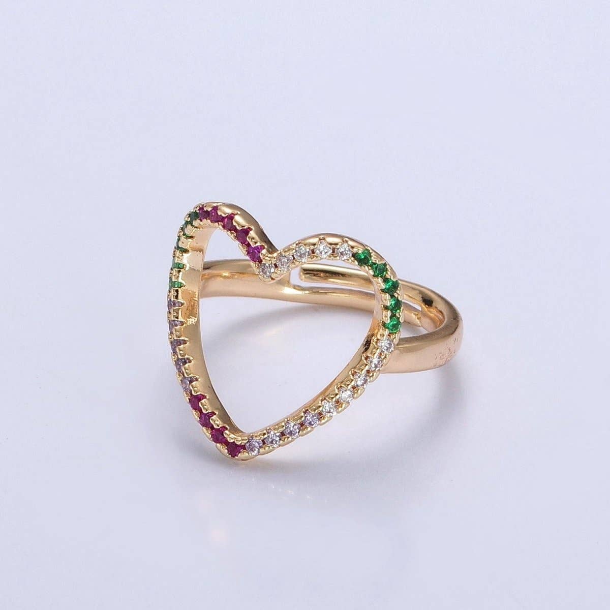 Micro Pave Clear Fuchsia Green Cubic Zirconia Heart Adjustable Gold Ring | O-479