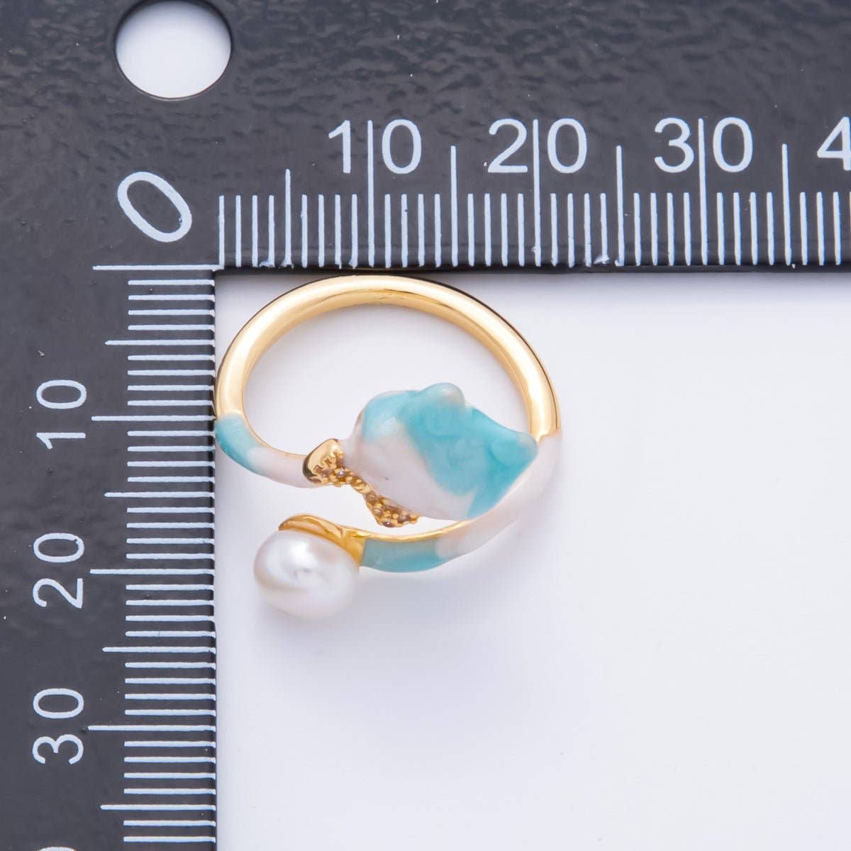 18K Gold Filled Micro Paved CZ Blue Enamel Art Cat-Shaped with Shell Pearl Adjustable Ring | O-024