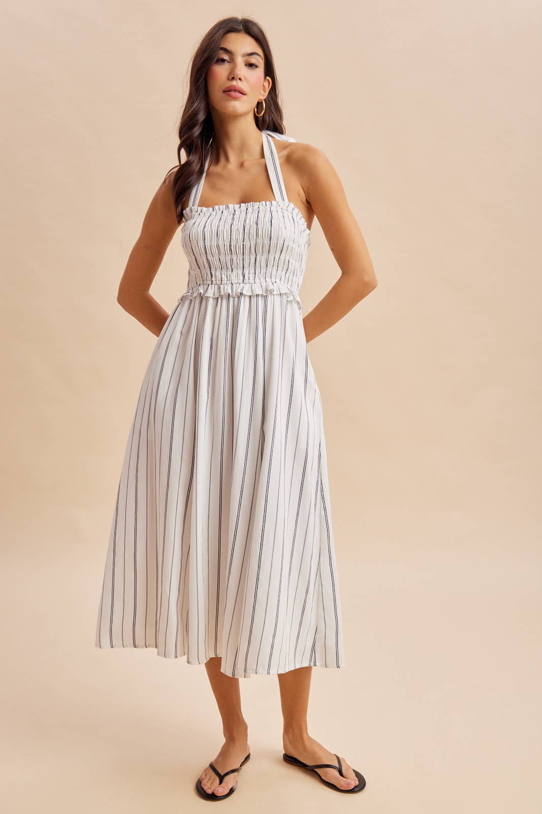 SMOCKED HALTER MIDI DRESS