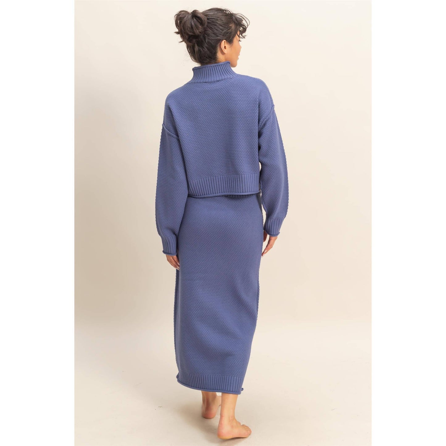 Textured High Neck Sweater & Skirt Set