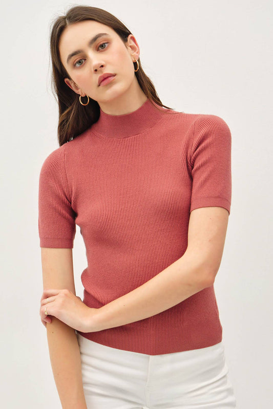MOCK NECK SHORT SLEEVE RIBBED KNIT SWEATER