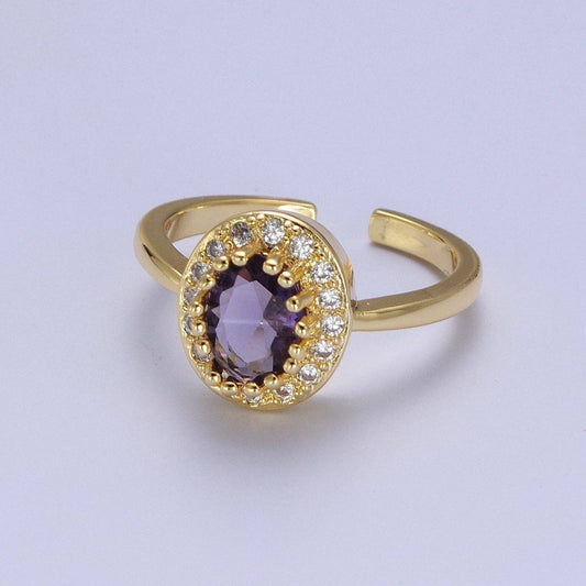 Micro Pave Oval Purple Amethyst Cubic Zirconia CZ Adjustable Gold Ring S248