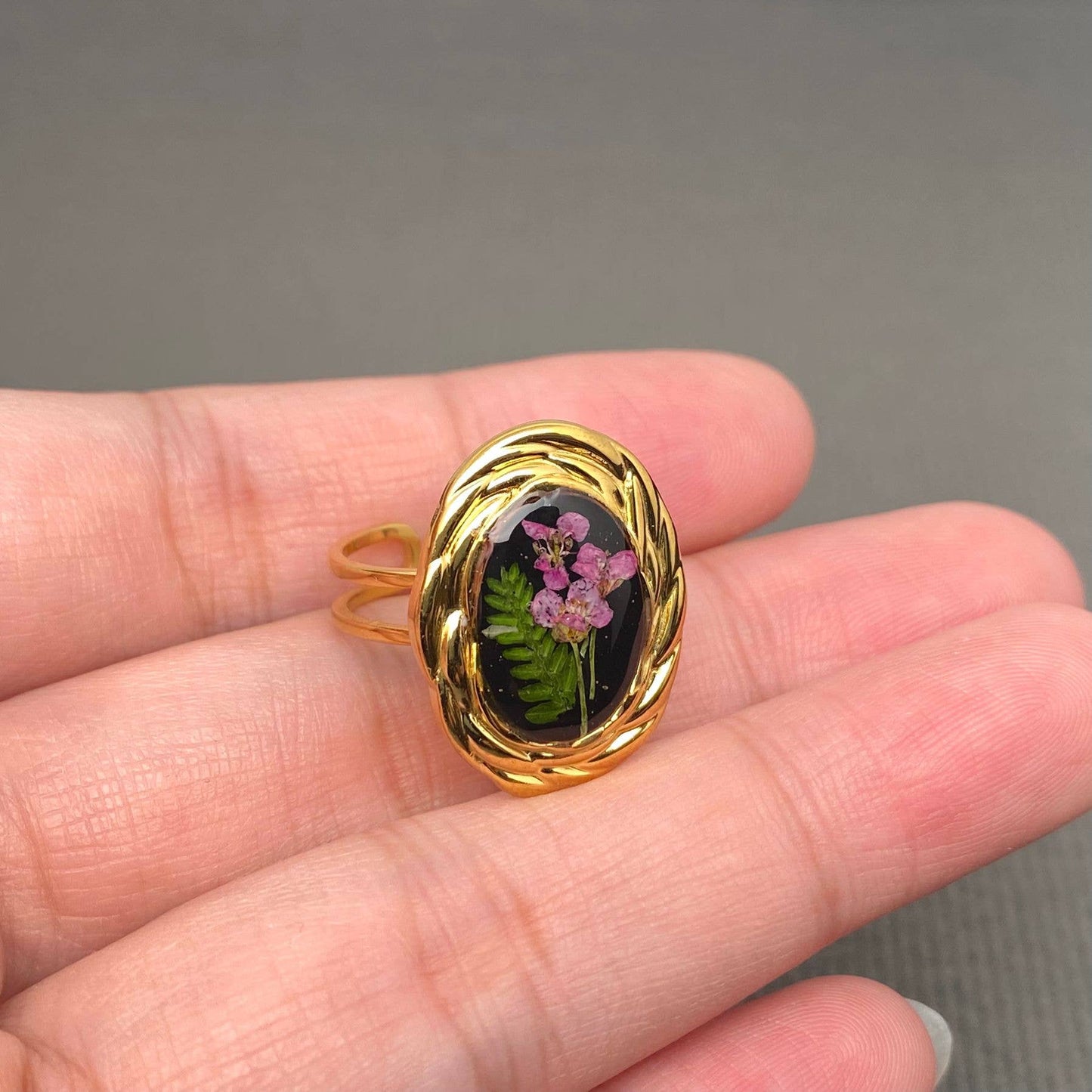 Dried flowers 18K Golden SS Adjustable Floral Rings- PDF/FGS