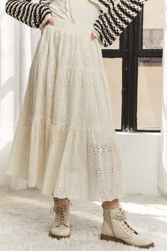 LES3878-ELASTIC WAISTBAND TIERED MIDI SKIRT
