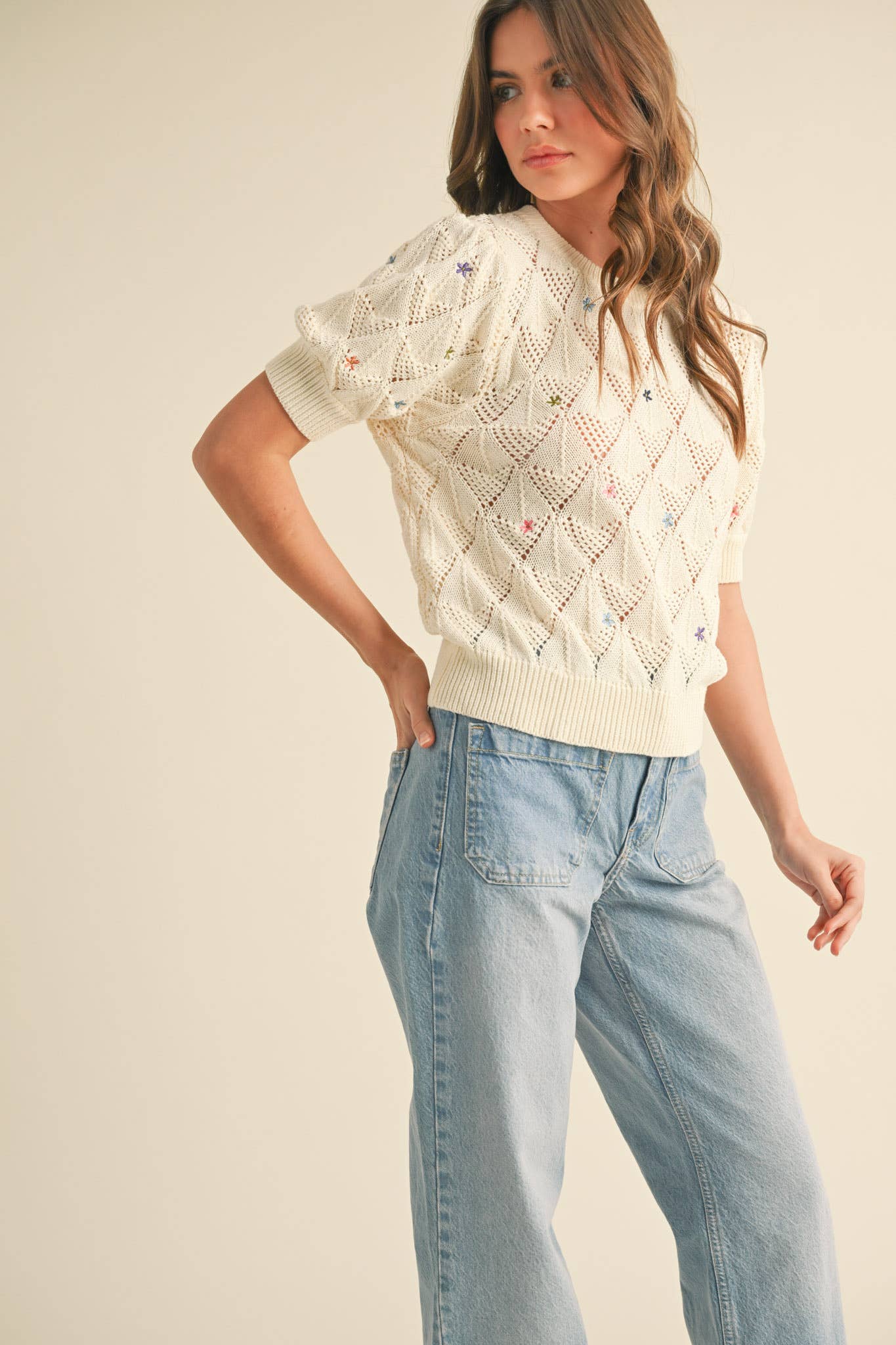 POINTELLE KNIT SWEATER WITH FLORAL EMBROIDERY MSW10819