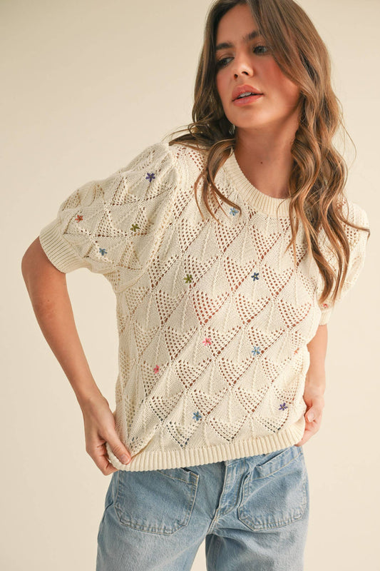 POINTELLE KNIT SWEATER WITH FLORAL EMBROIDERY MSW10819