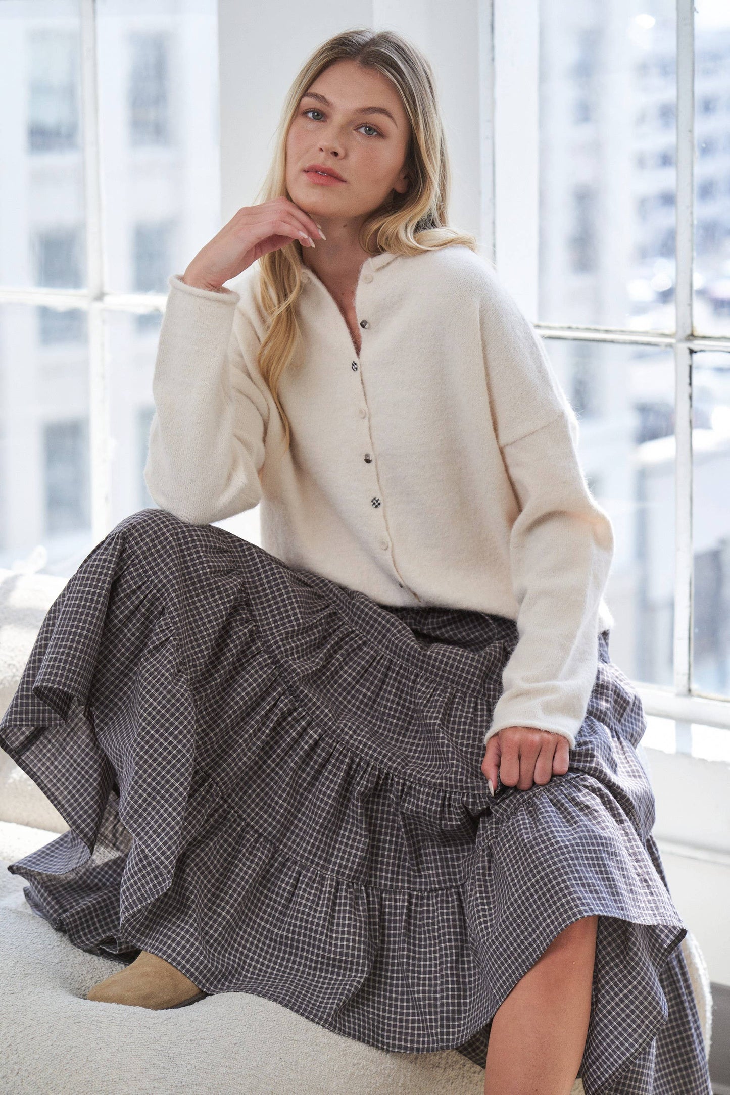 Caramel Gingham Elastic Waistband Skirt