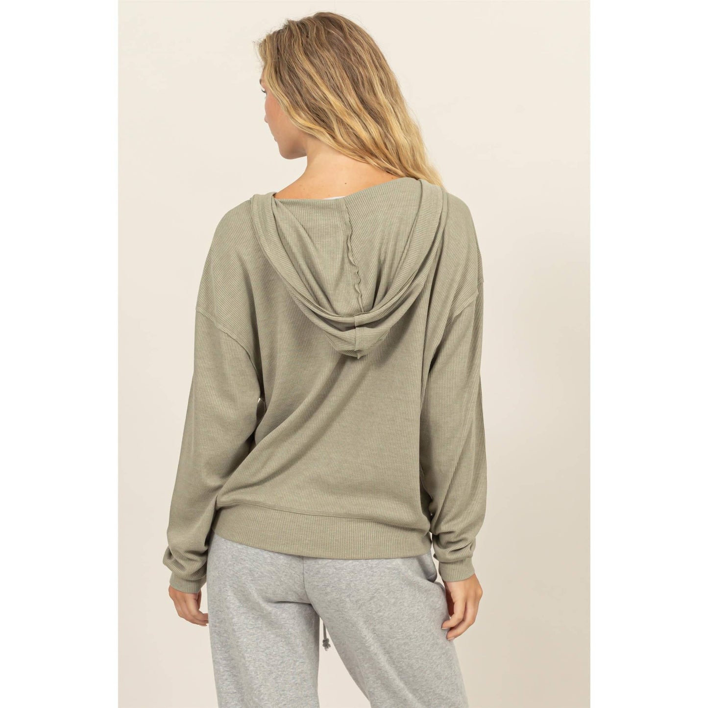Relaxed Fit Notch Neck Ribbed Hoodie
