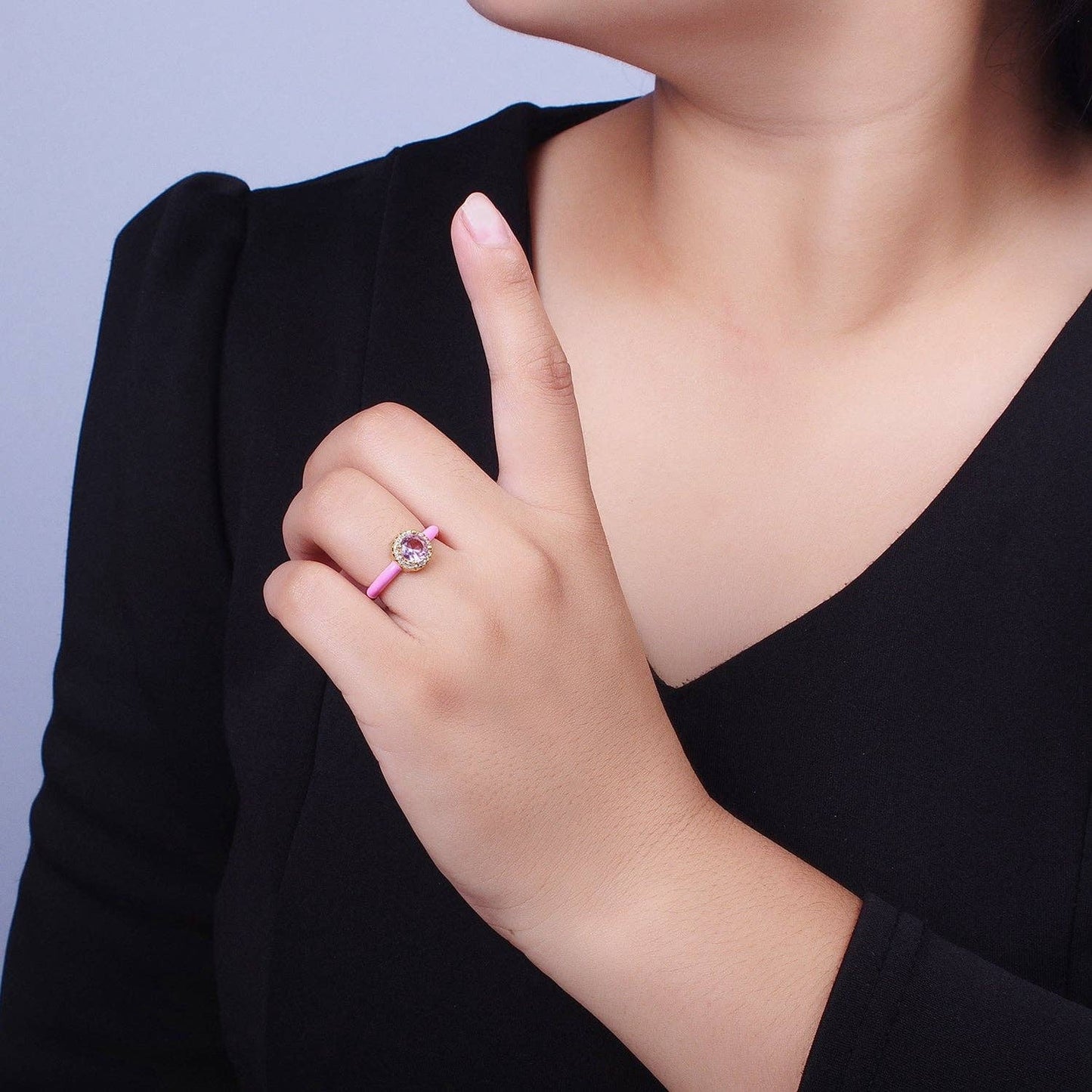 Gold Filled Barbiecore Round Green, White, Pink Micro Paved Enamel Adjustable Ring | Y343 - Y345