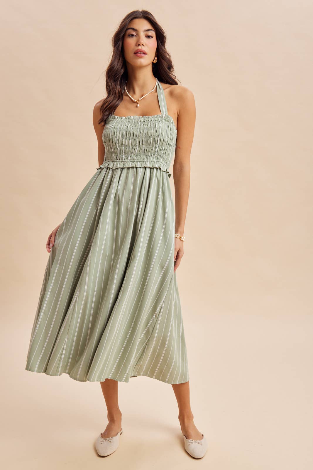SMOCKED HALTER MIDI DRESS