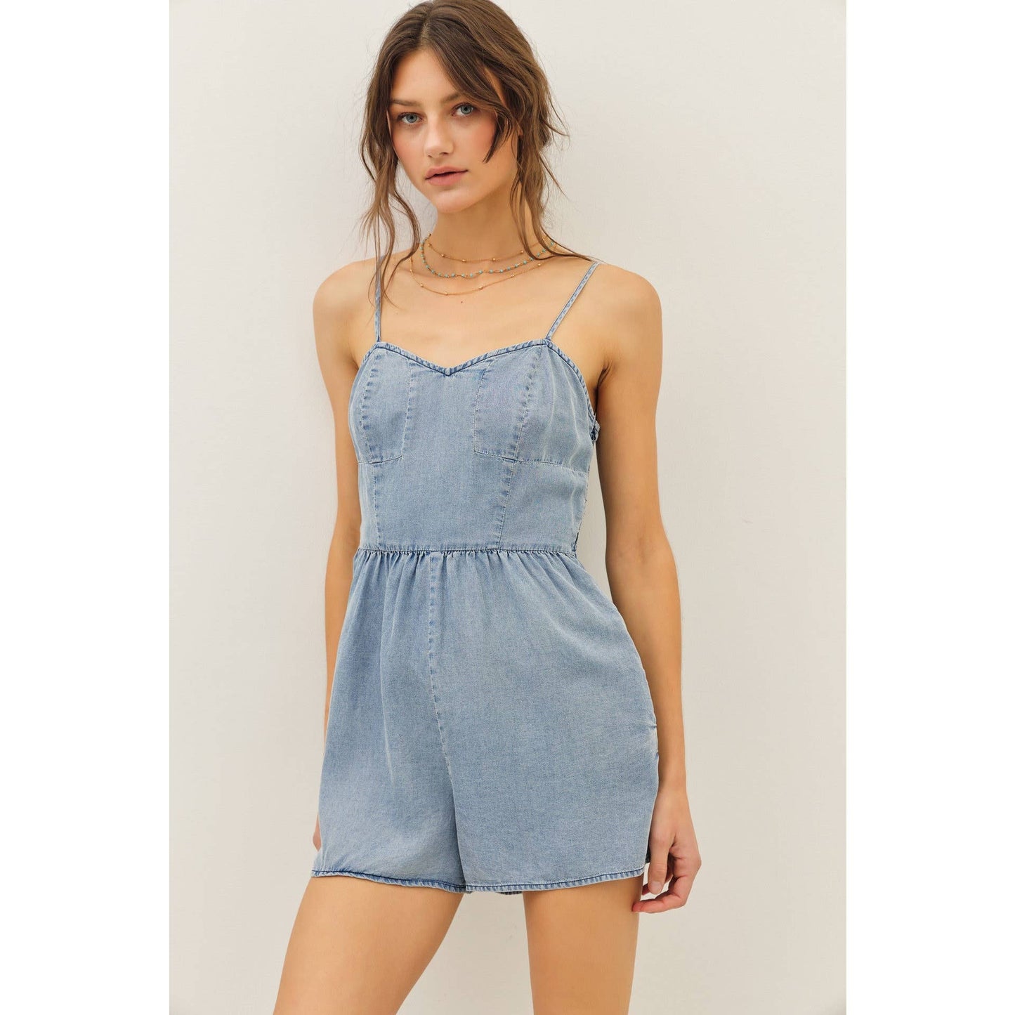 WASHED TENCEL ROMPER WITH SMOCKED BACK