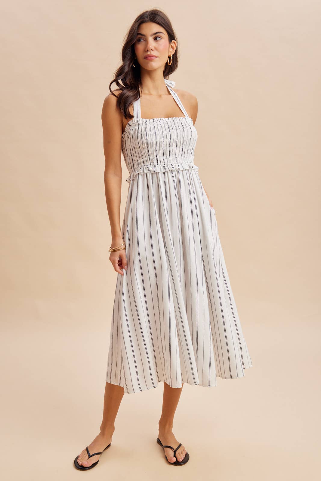 SMOCKED HALTER MIDI DRESS