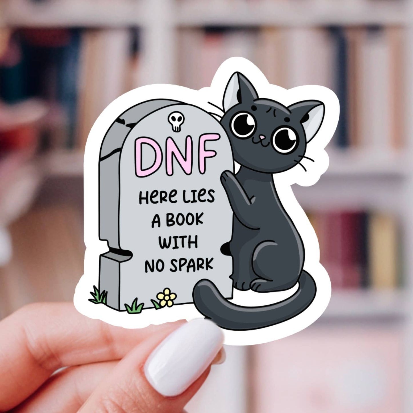 DNF Graveyard Cat Sticker – Bookish Halloween, Glossy Vinyl